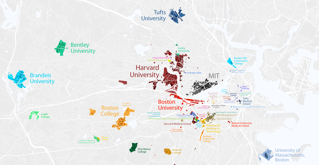 Map of the Boston area showing Harvard, MIT, Boston University, and nearby colleges around the Charles River
