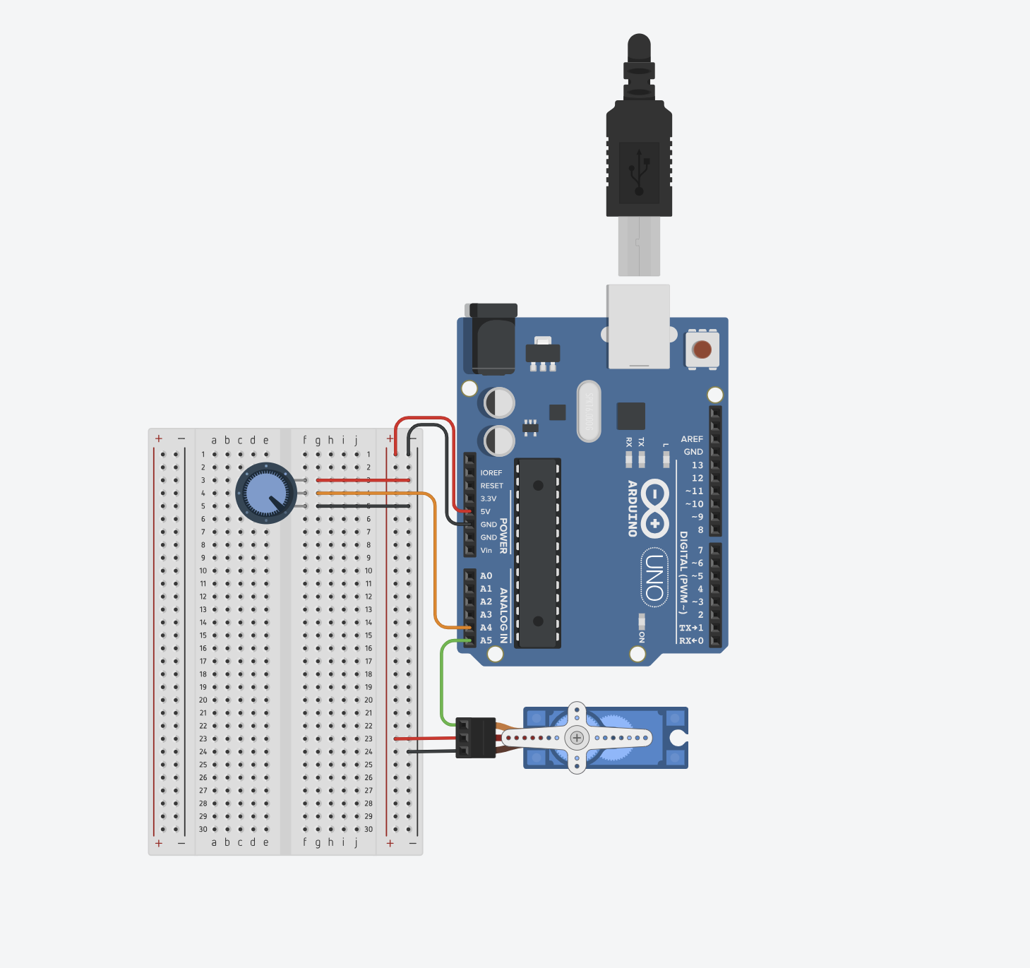 Arduino and breadboard wiring diagram for the potentiometer and servo