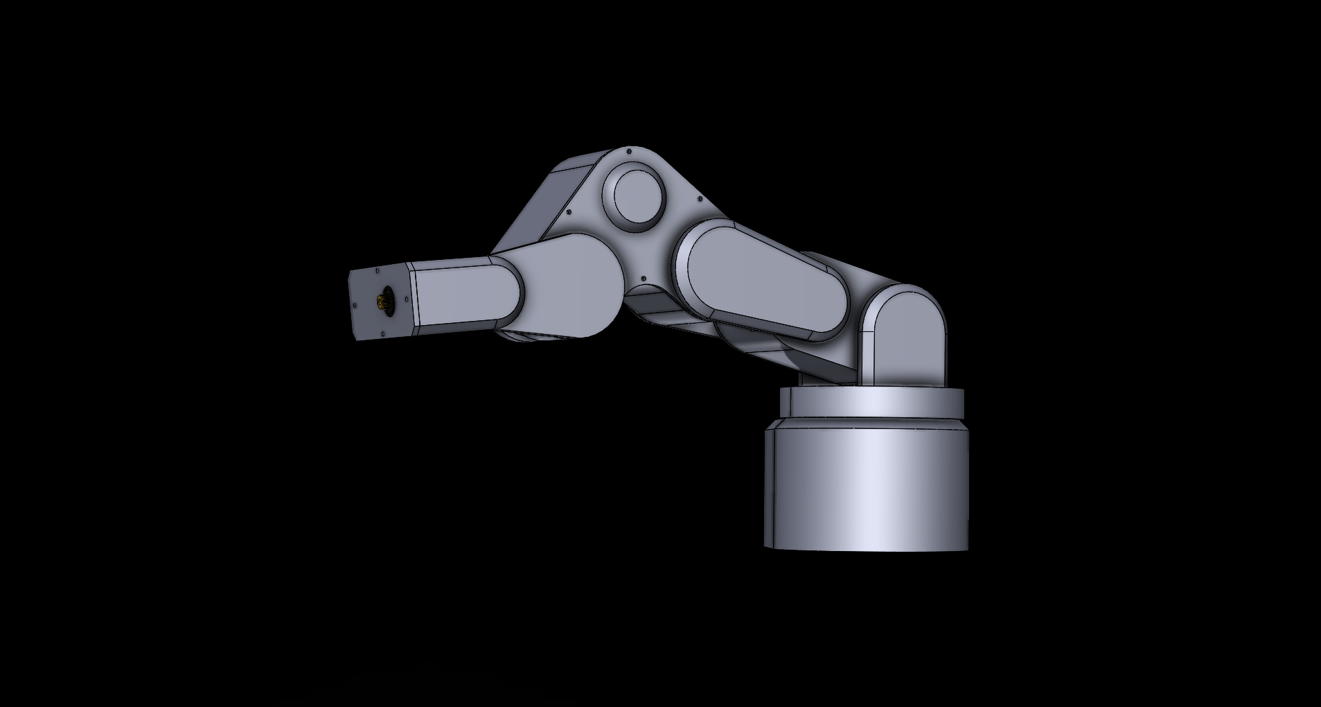 Robotic arm CAD render, front view, black background
