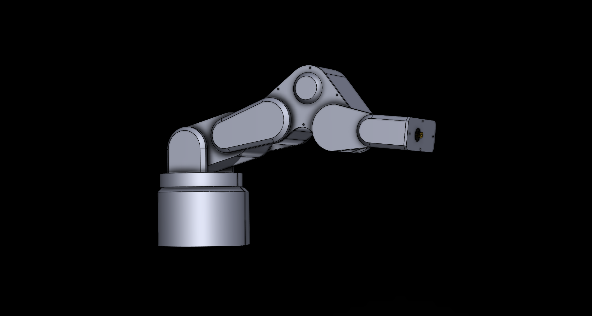 Robotic arm CAD render, side view, black background