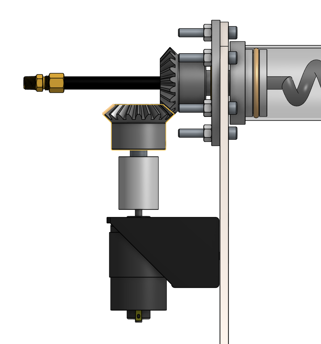 CAD render of the bevel gear and motor mount setup
