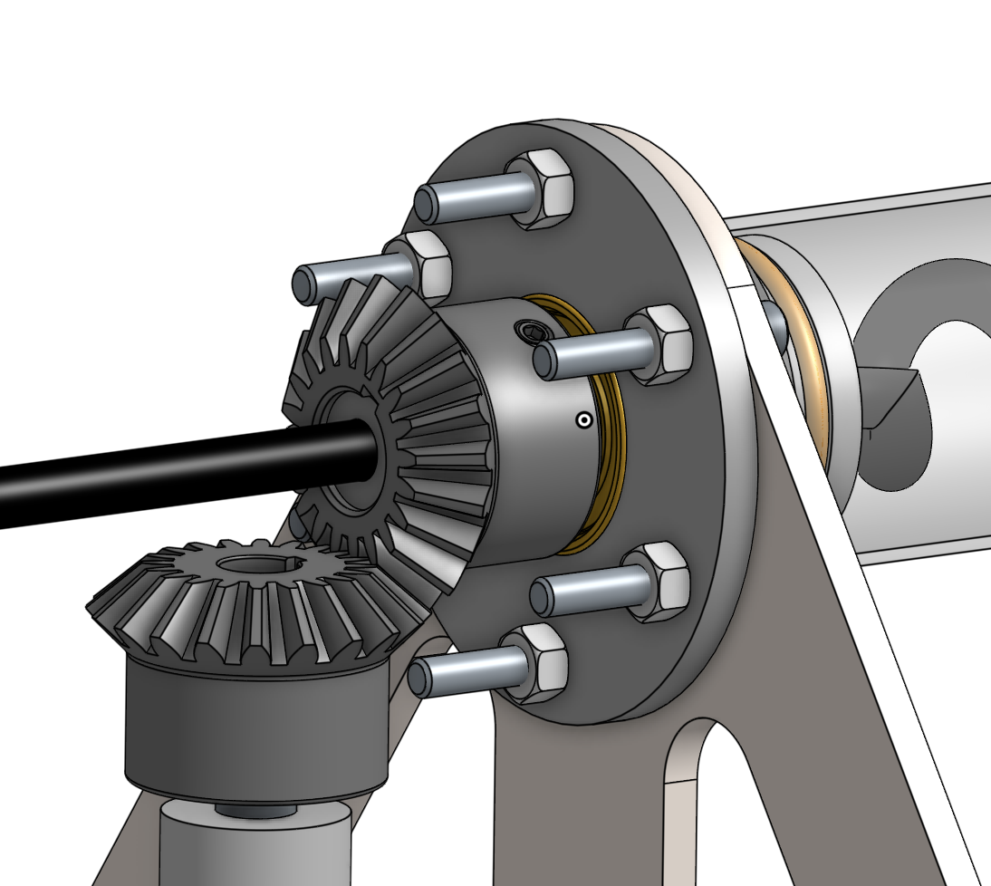Close-up CAD render of the rotating bevel gear assembly
