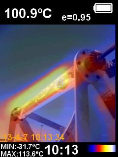 Thermal camera image of the prototype during testing, reading 100.9°C